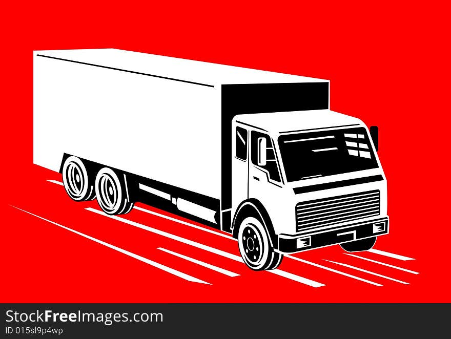 Vector art of a delivery truck on a red background