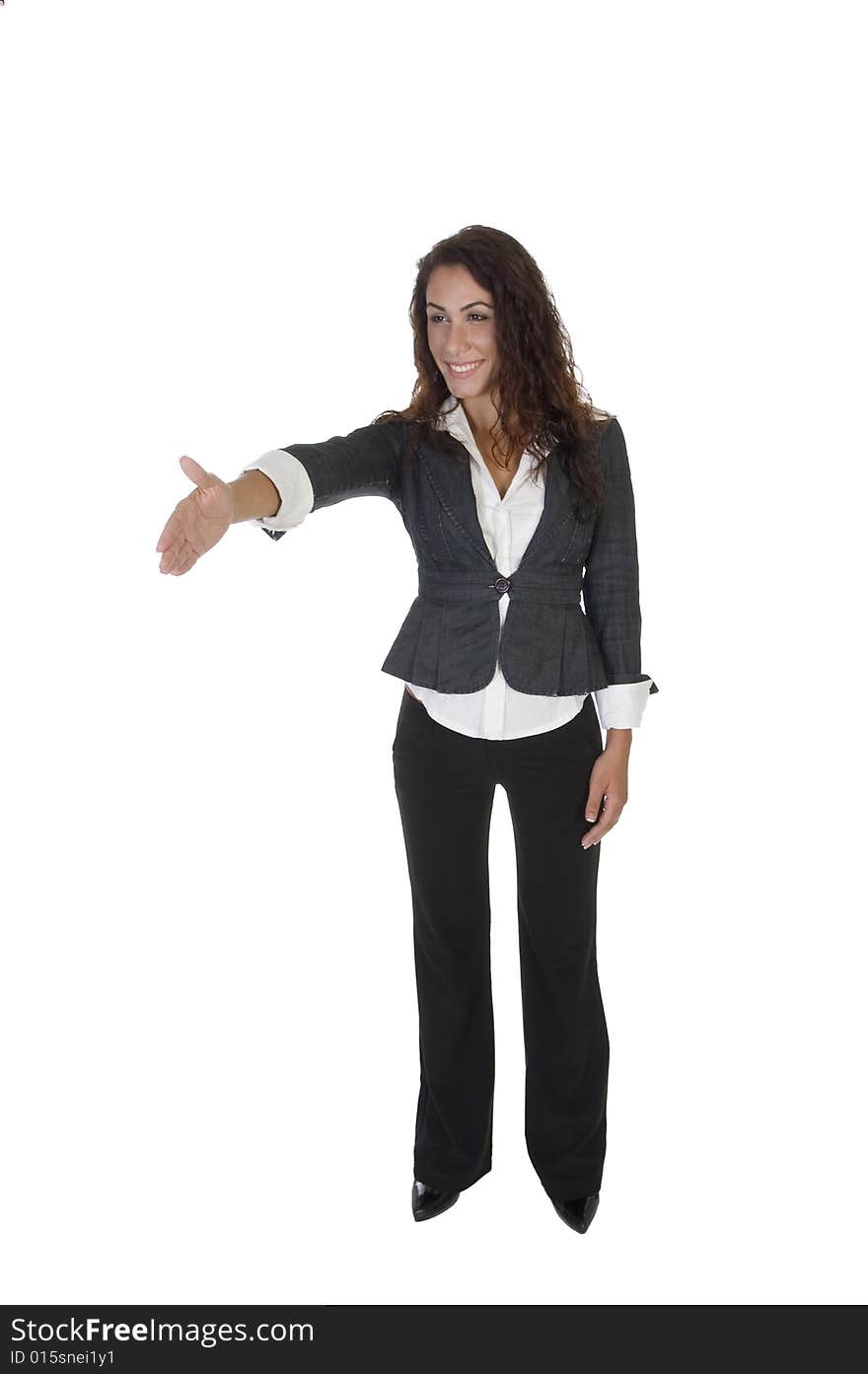 Standing lady offering hand shake on an isolated white background