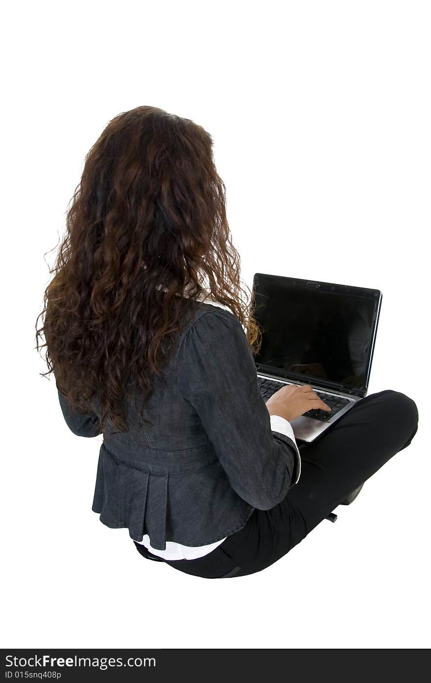 Female busy with laptop on isolated studio  picture