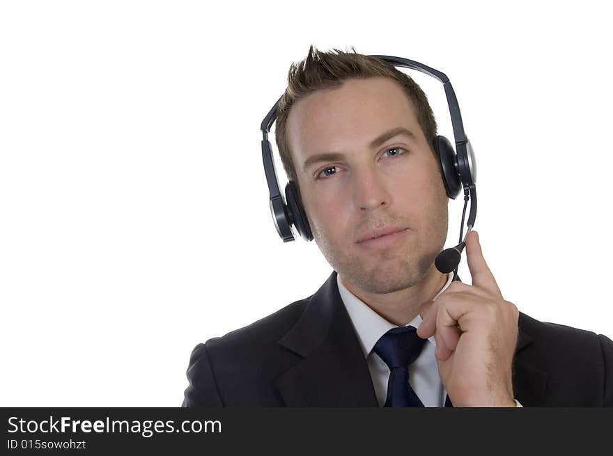 Thinking businessman with headphone on an isolated background