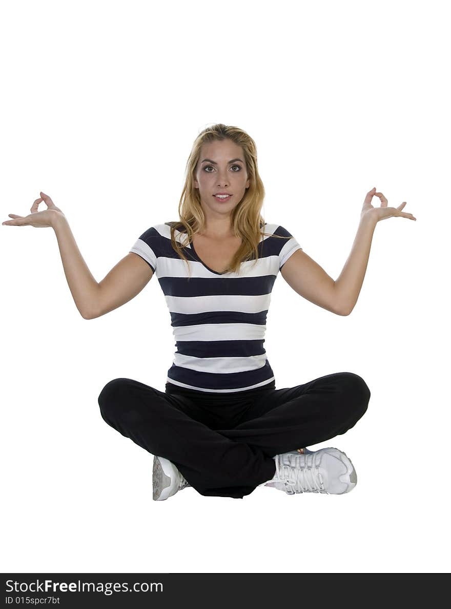 Lady performing yoga sitting in lotus pose isolated with white background