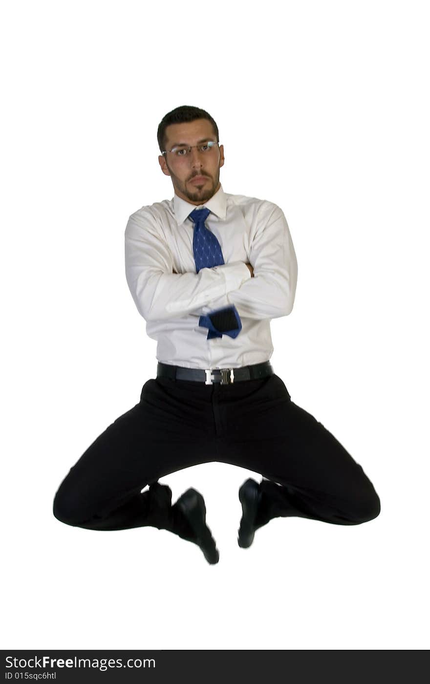 Businessman leaps in air on an isolated background