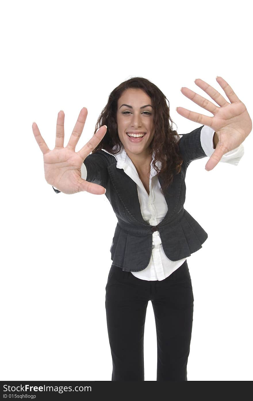 Lady showing palms against white background