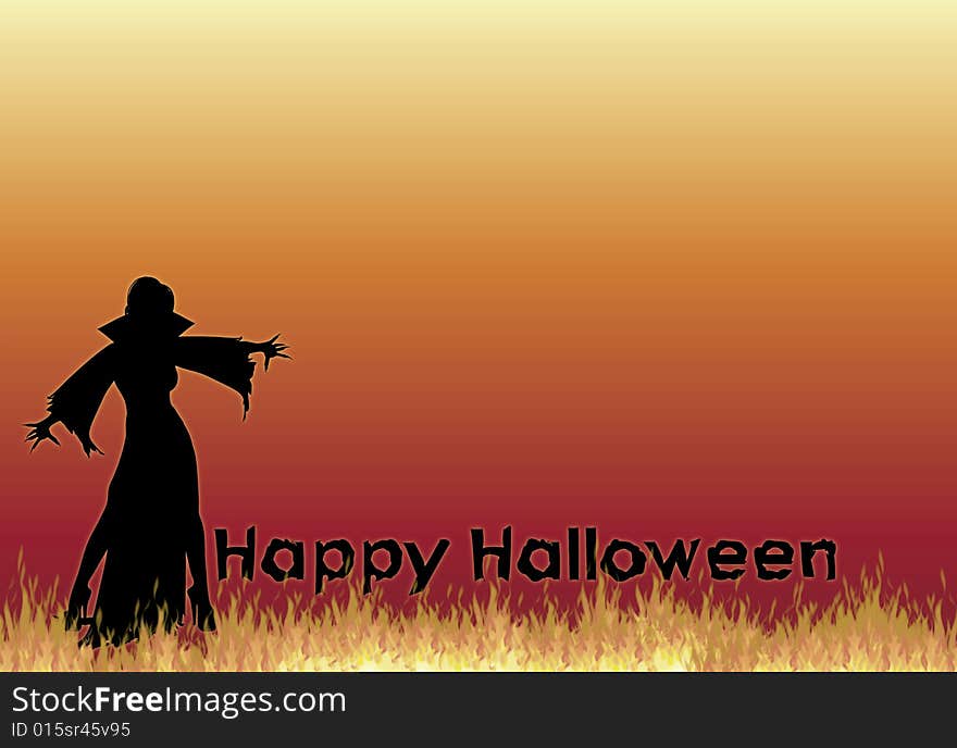 Silhouette of vampiress with Happy Halloween on fire background. Silhouette of vampiress with Happy Halloween on fire background