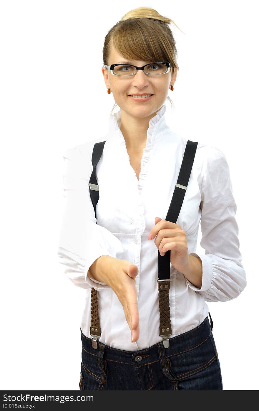 Beautiful smiling businesswoman gives hand