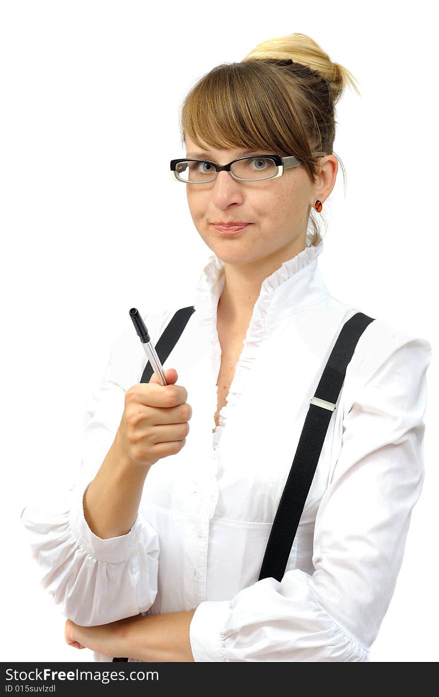 Nice businesswoman with pen, isolated on white