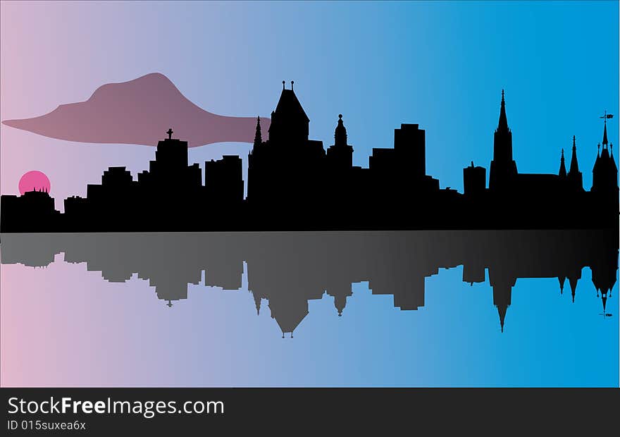 Illustration with dusk city with reflection silhouette