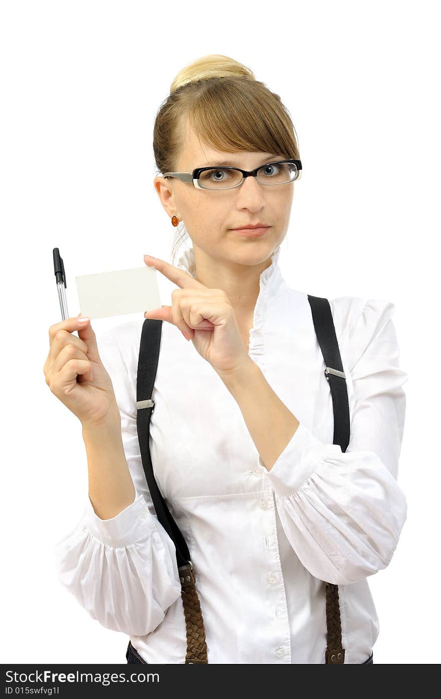 Young businesswoman with visit card, isolated on white