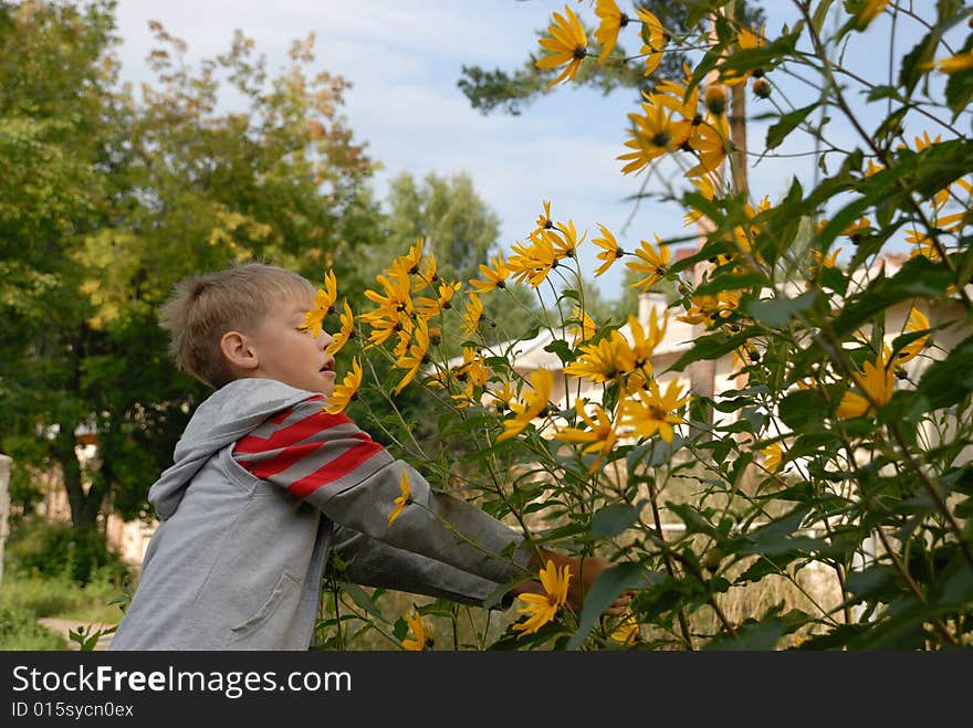 Boy frightened bumblebee