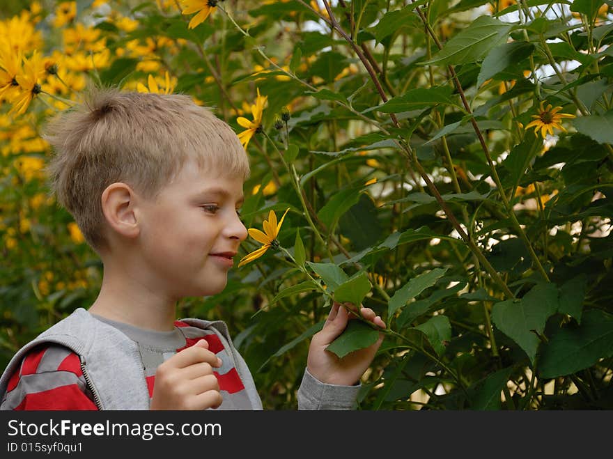 Boy smelling flowers