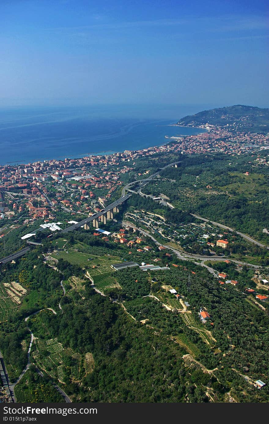 Aerial view of the valley of San Bartolomeo al Mare, touristic city near Imperia in Liguria, Italy.