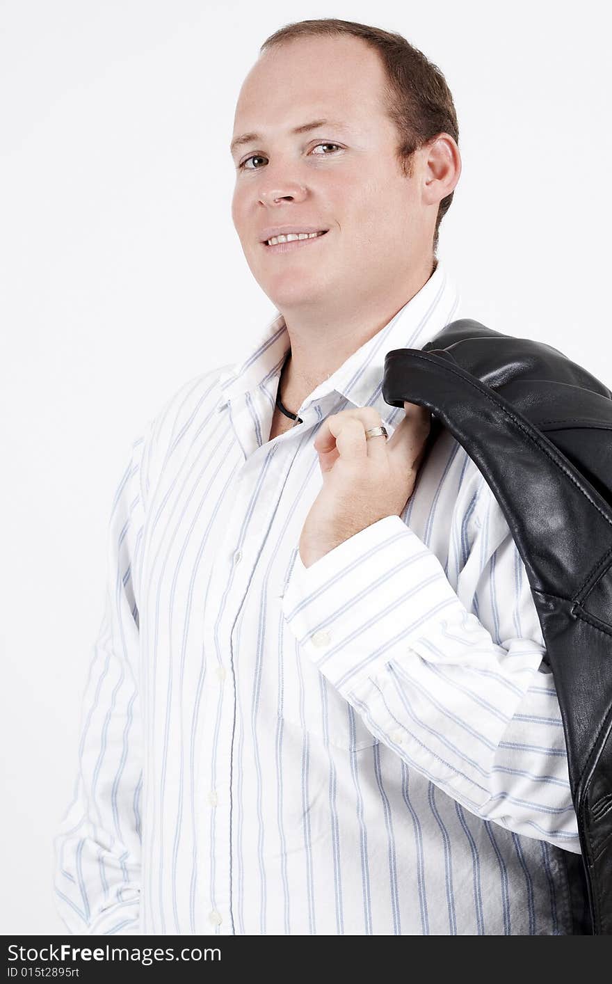 Young caucasian man wearing trendy clothes. On white background