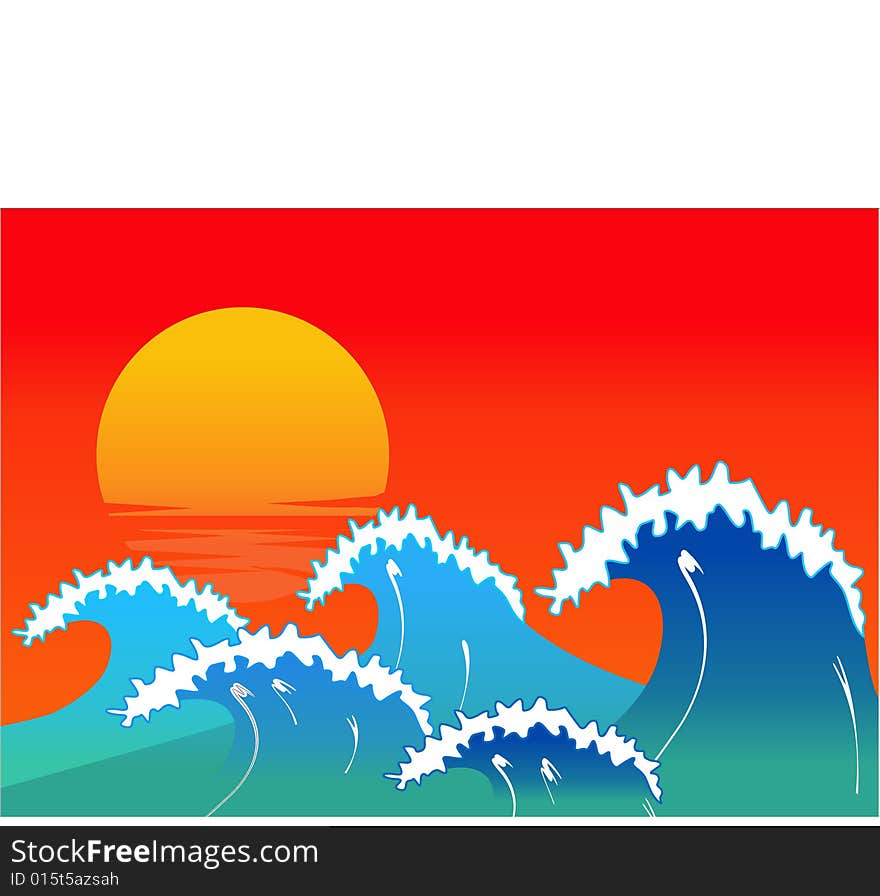 Sunset over sea with waves ,  vector