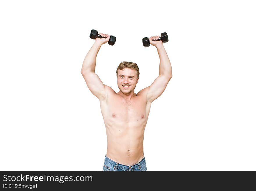 Young man with black dumbbells. Young man with black dumbbells