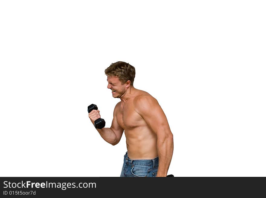 Young man with black dumbbells. Young man with black dumbbells