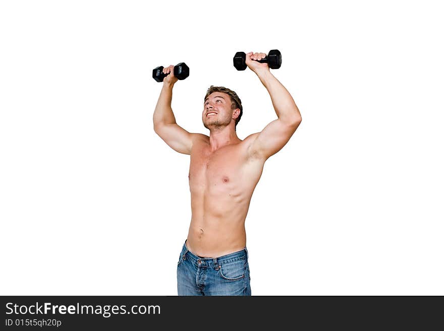 Young man with black dumbbells. Young man with black dumbbells