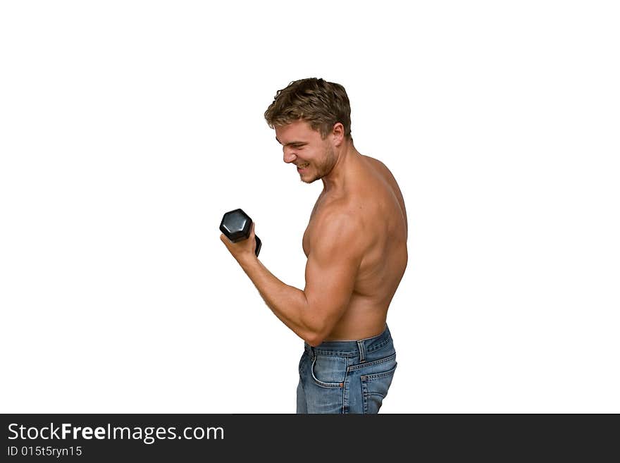 Young man with black dumbbells. Young man with black dumbbells