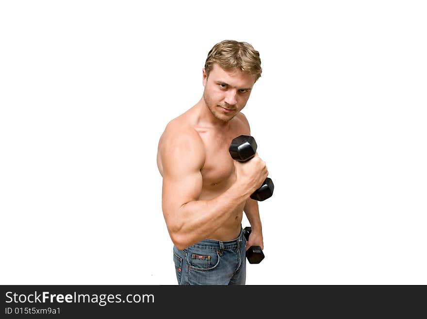 Young man with black dumbbells. Young man with black dumbbells