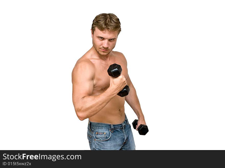 Young man with black dumbbells. Young man with black dumbbells