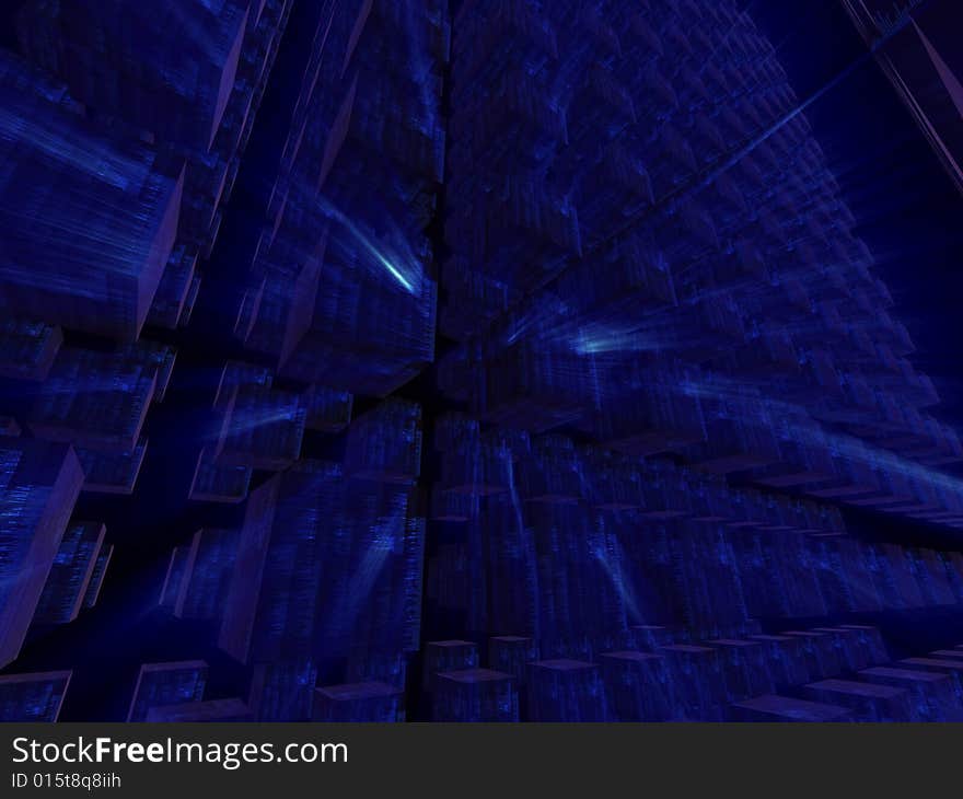 Blue fantasy alien cubic databases in dark background