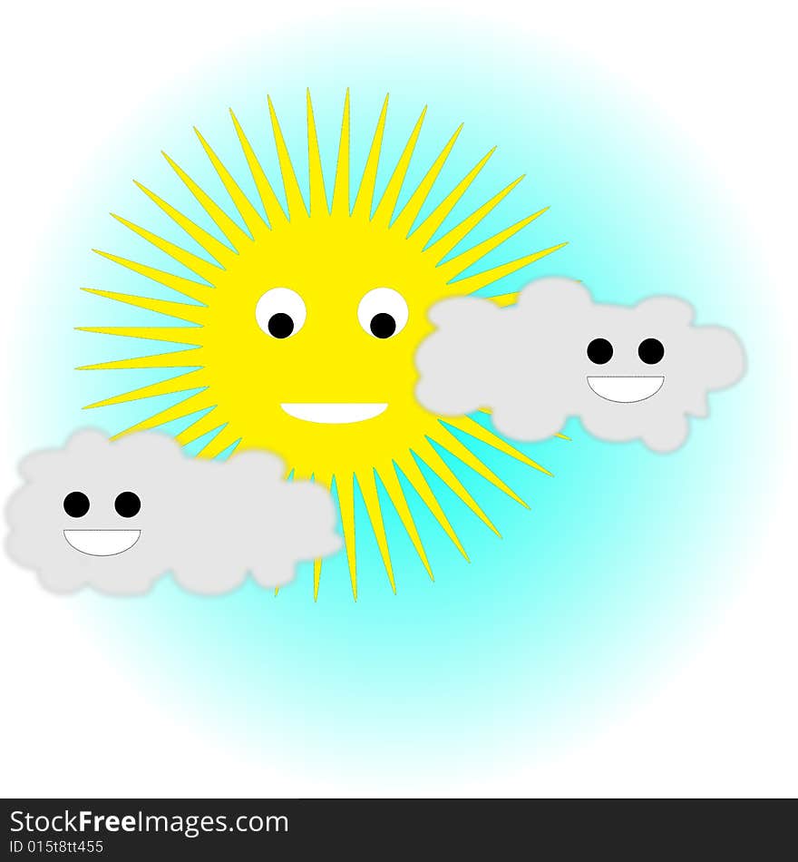 Sun and clouds smiling in a blue sky useful also for scrapbook