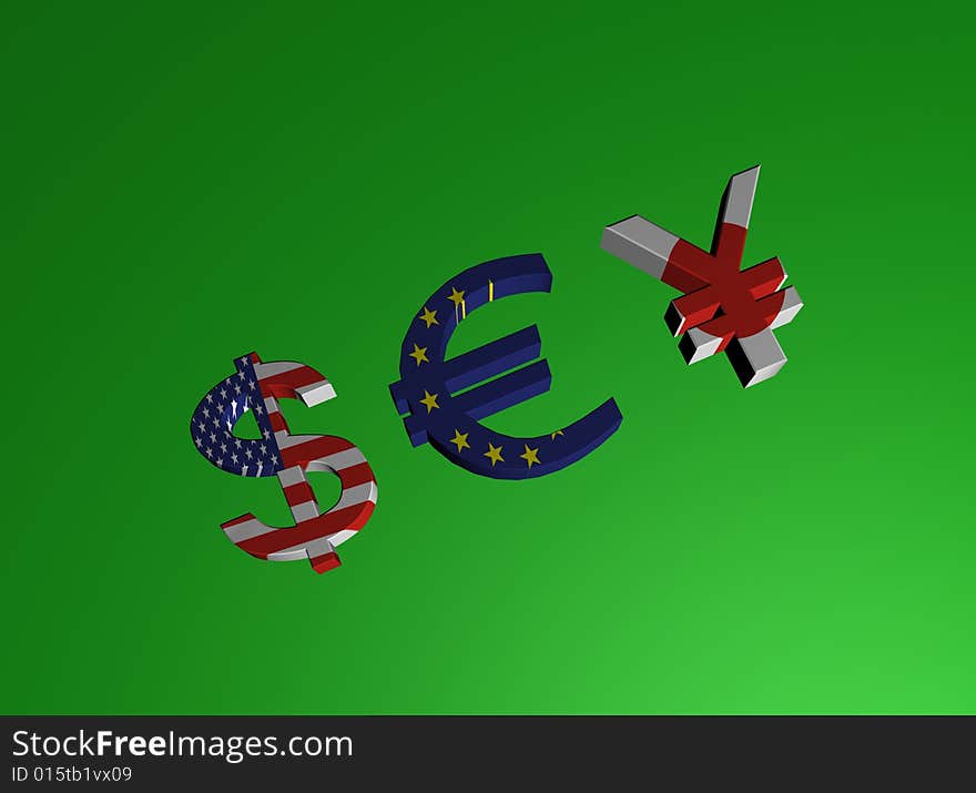 Three money signs of countries on a green background