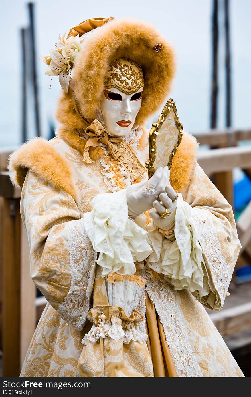 White and gold costume at the Venice Carnival. White and gold costume at the Venice Carnival