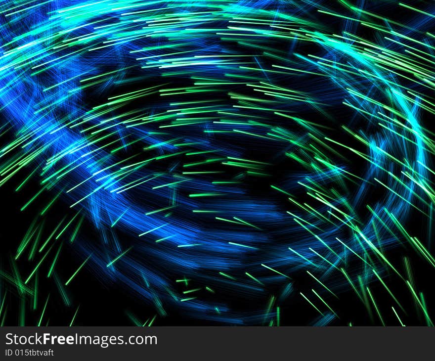 Blue and green particles spiral emission in black background