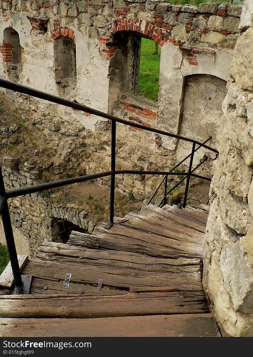 Wooden stairs going down (at the ruin of the castle)