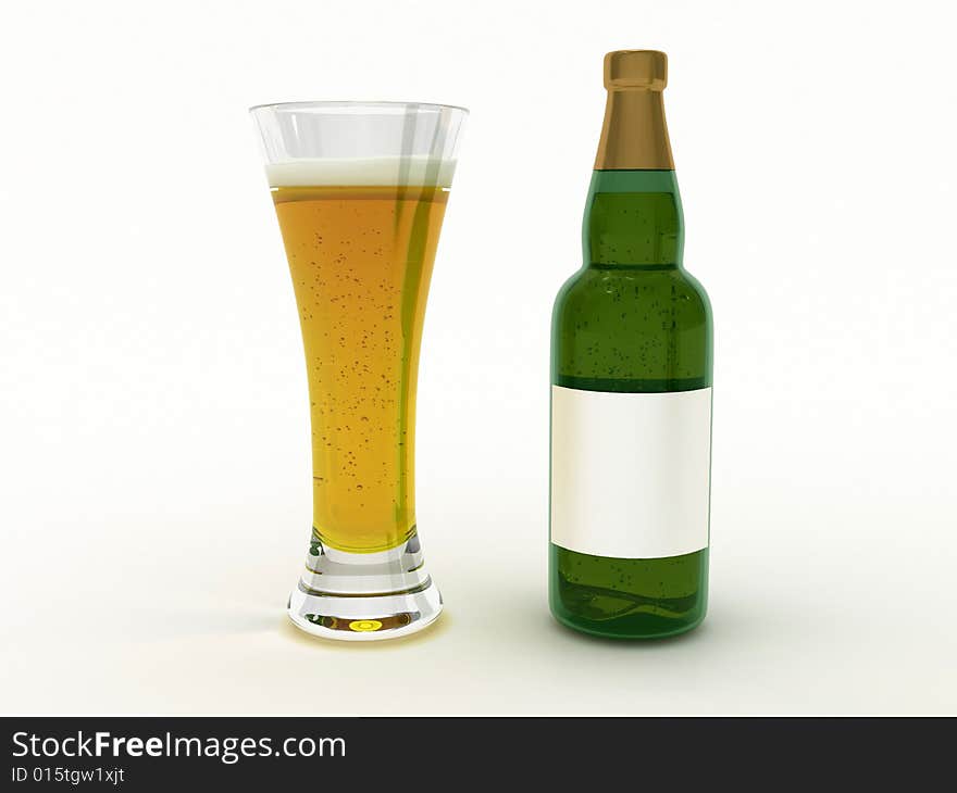 Beer in glass with bubbles and beer bottle