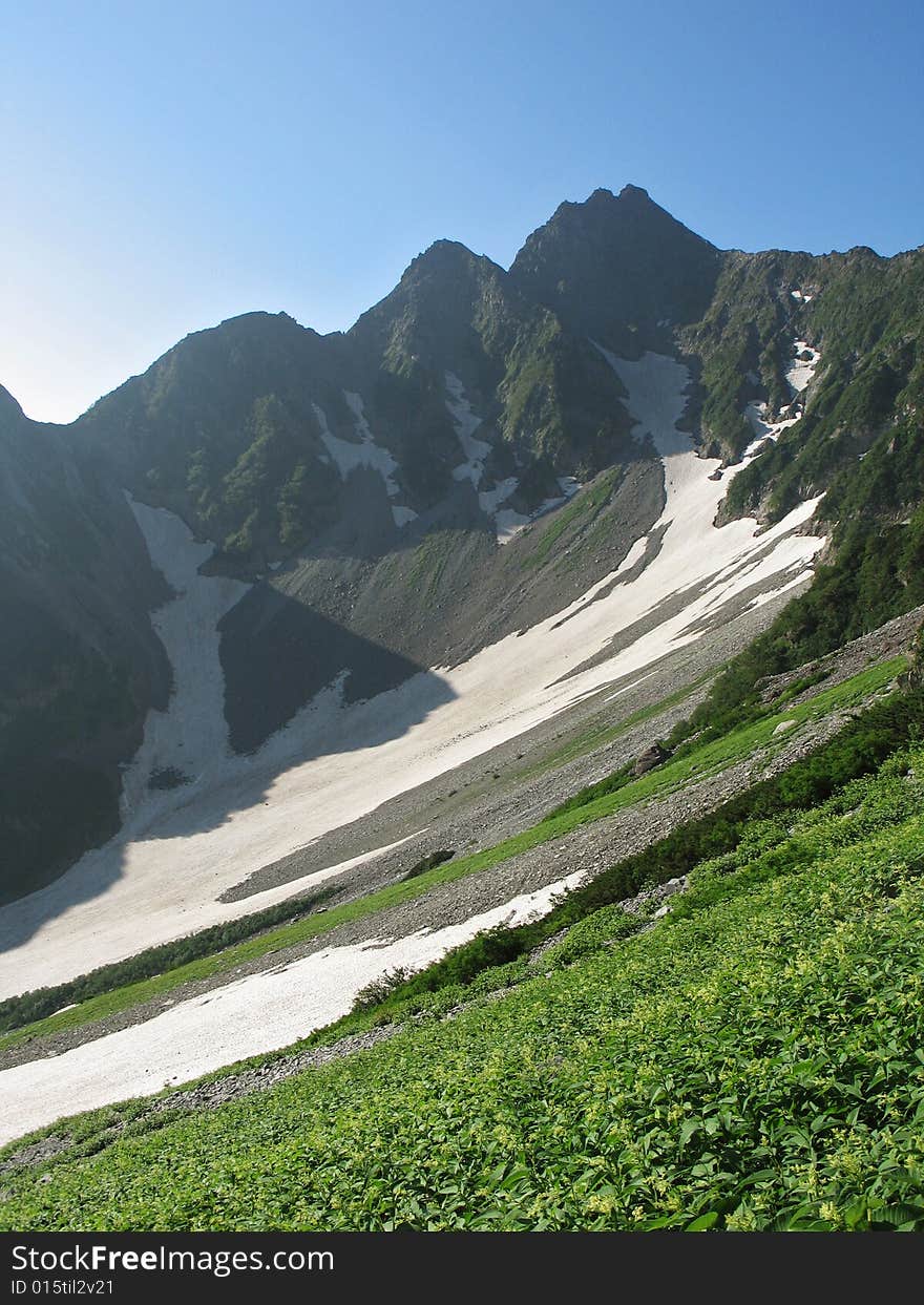 Snowy bowl high in the Japanese Alps. Snowy bowl high in the Japanese Alps