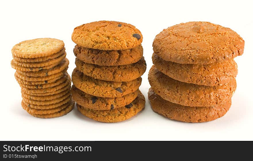 Three stack of cookies isolated on white background