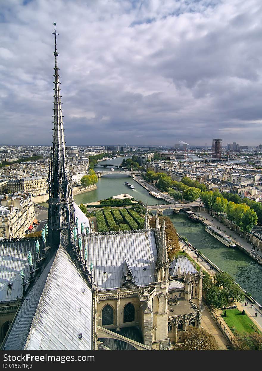 View on steeple of Notre Dame cathedral in Paris.