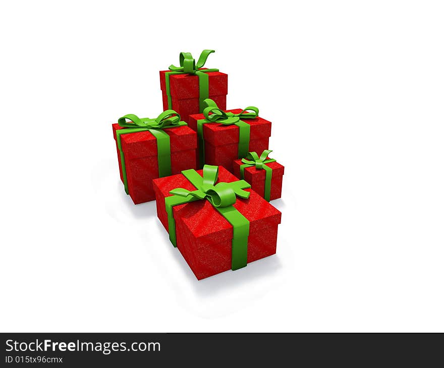 Red present boxes with green ribbons. Red present boxes with green ribbons