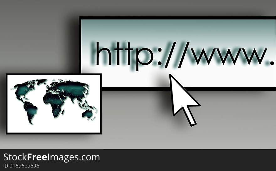 Browser bar with world map and mouse pointer.