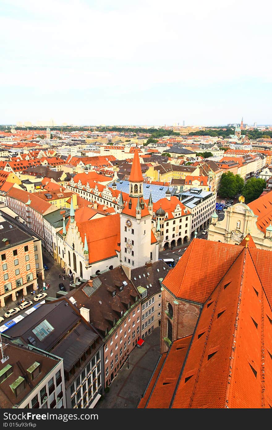 The aerial view of Munich city center from the tower of the Peterskirche