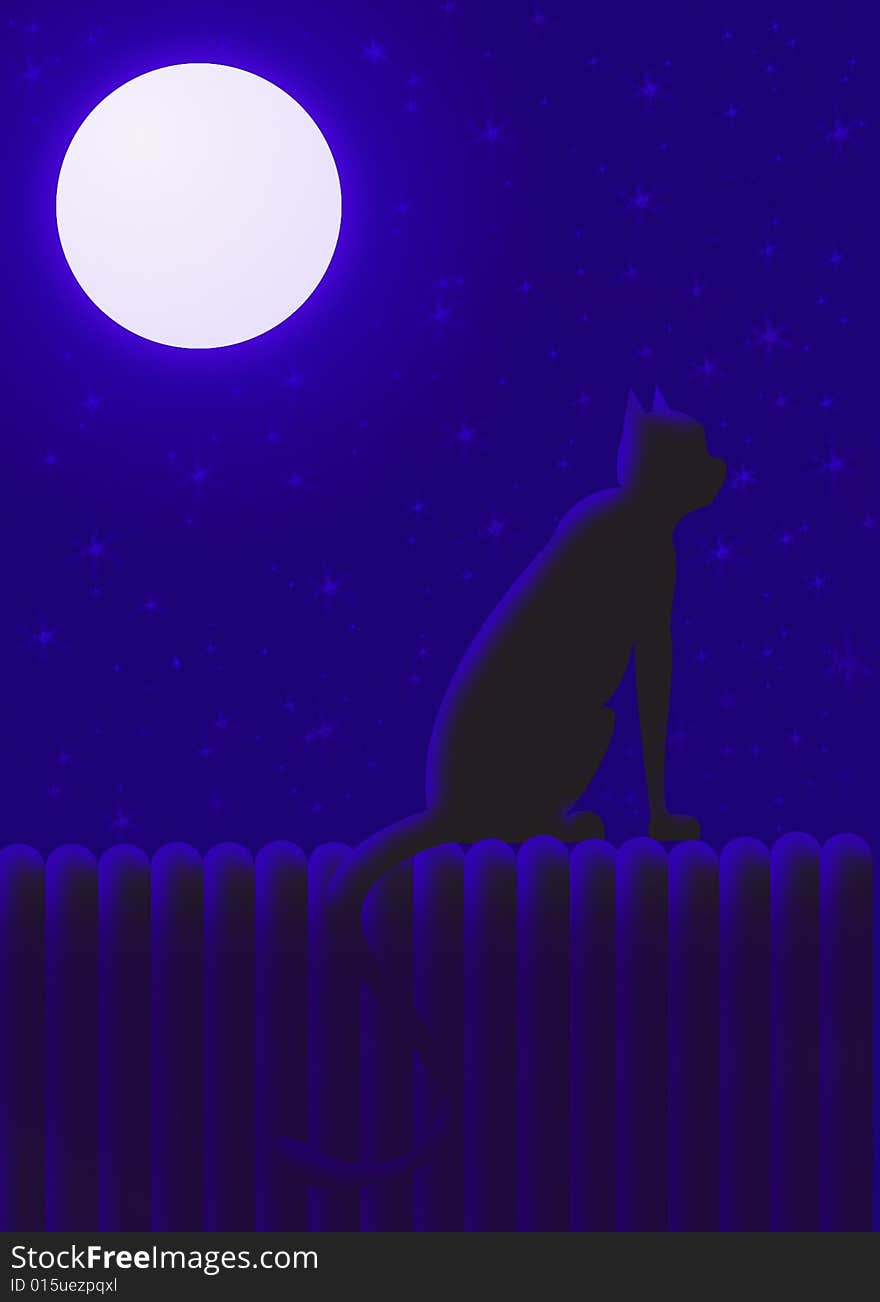 Illustration of a cat sitting on a fence being lit by the moon. Illustration of a cat sitting on a fence being lit by the moon