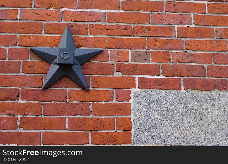 Architecture details of a historic building from the 1880's. The stars are wall anchors that are rods that help hold the bricks to the side of the building