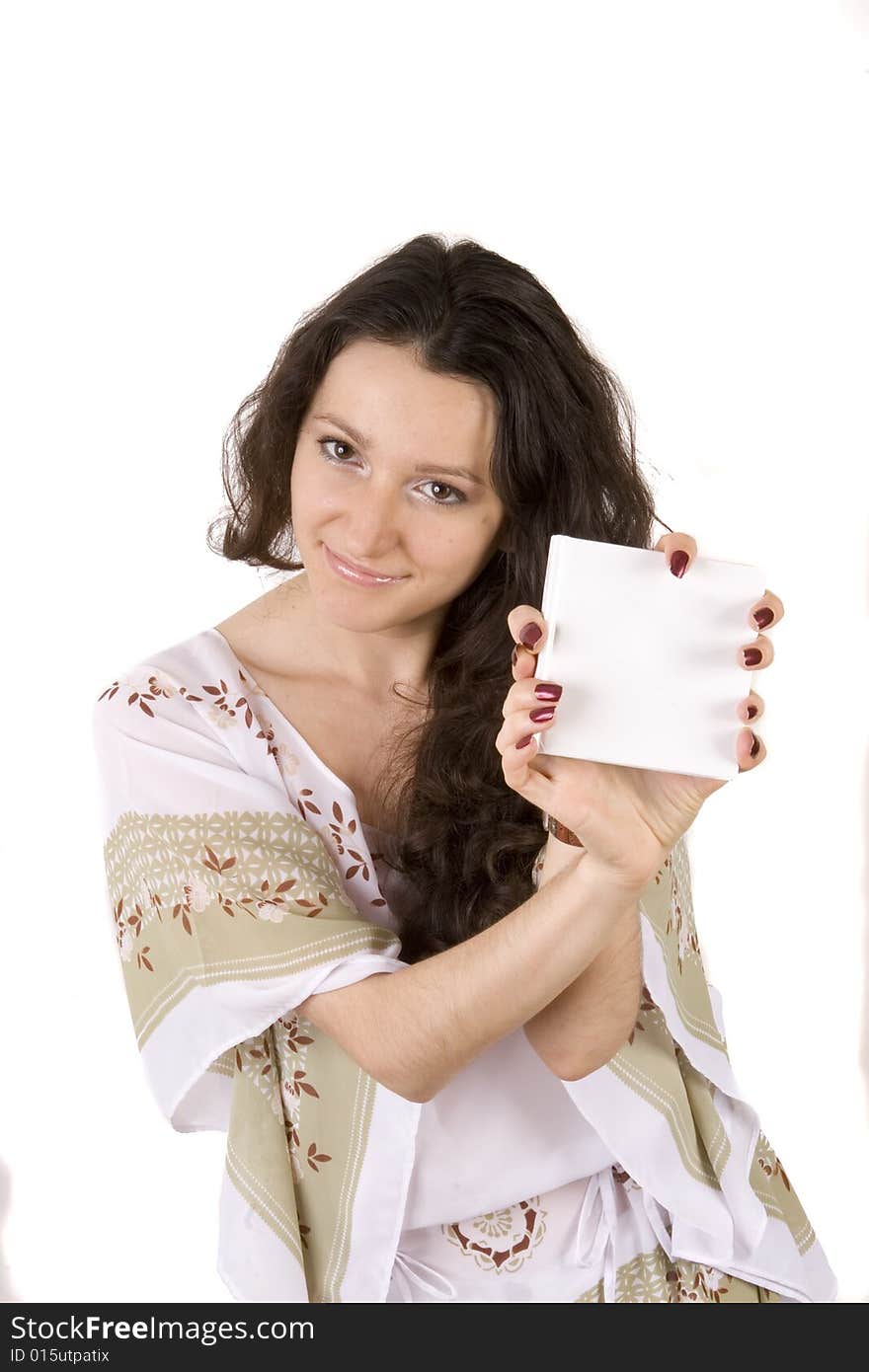 Young woman with tablet in her hands on white ground