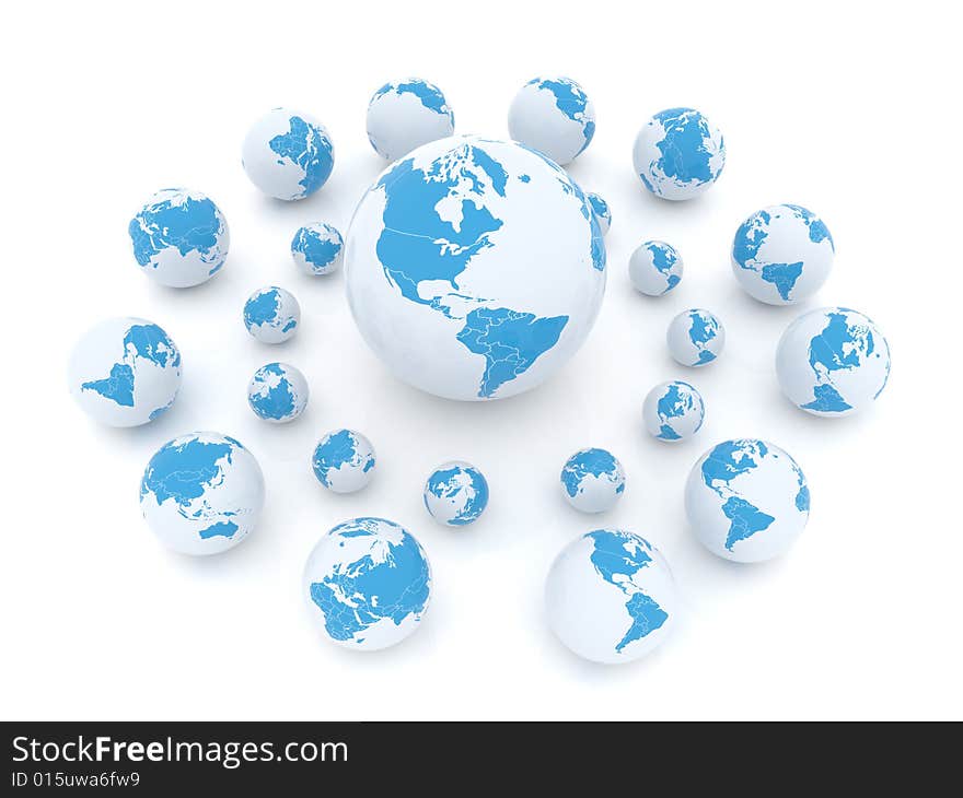 Shiny earth globes placed randomly on white background. Shiny earth globes placed randomly on white background.