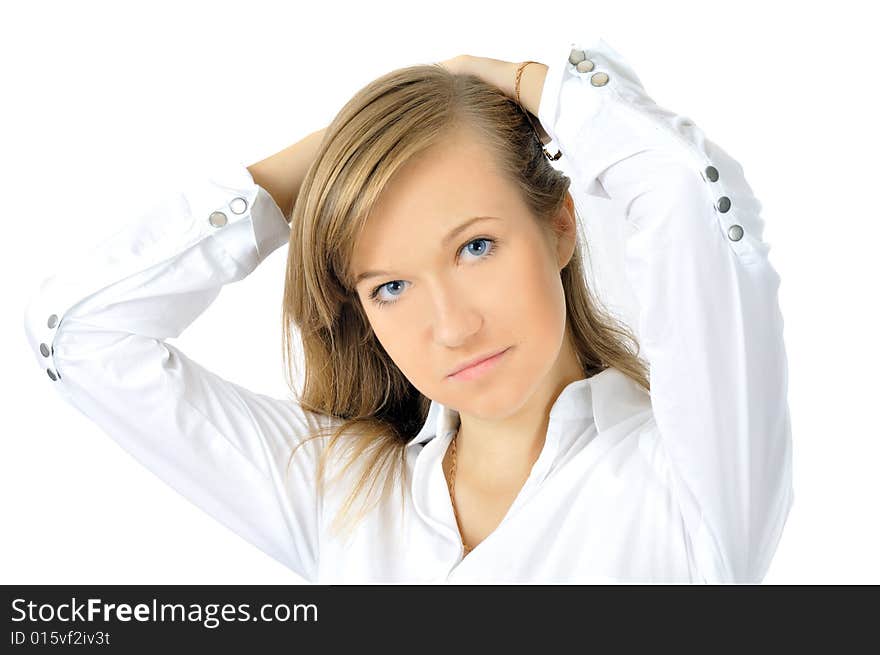 Portrait of pretty young girl i white shirt