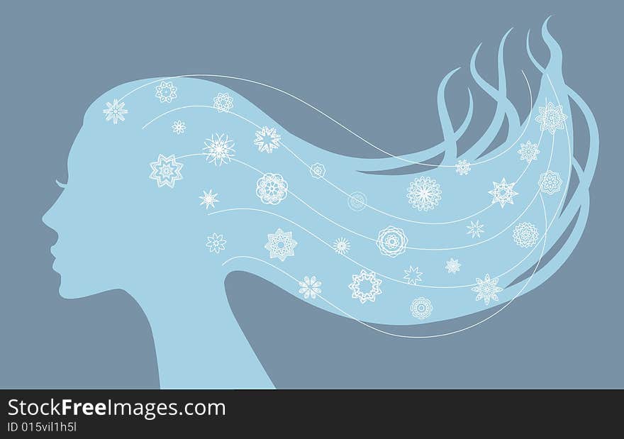 Vector silhouette of female head with snowflakes in her hairs. Vector silhouette of female head with snowflakes in her hairs