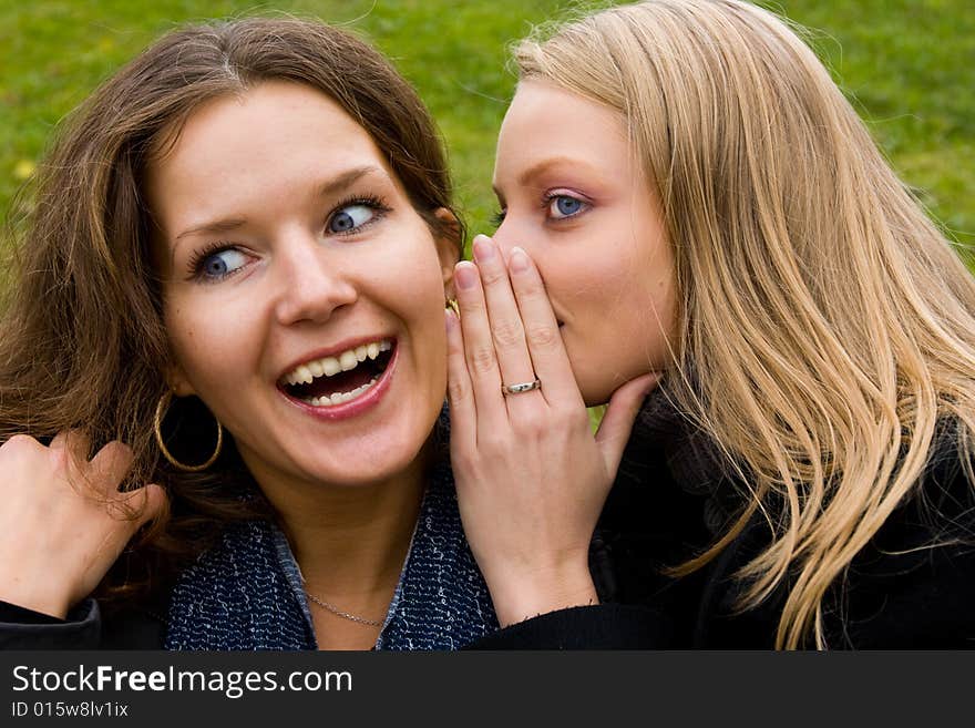 Two happy young girlfriends talking in the park.