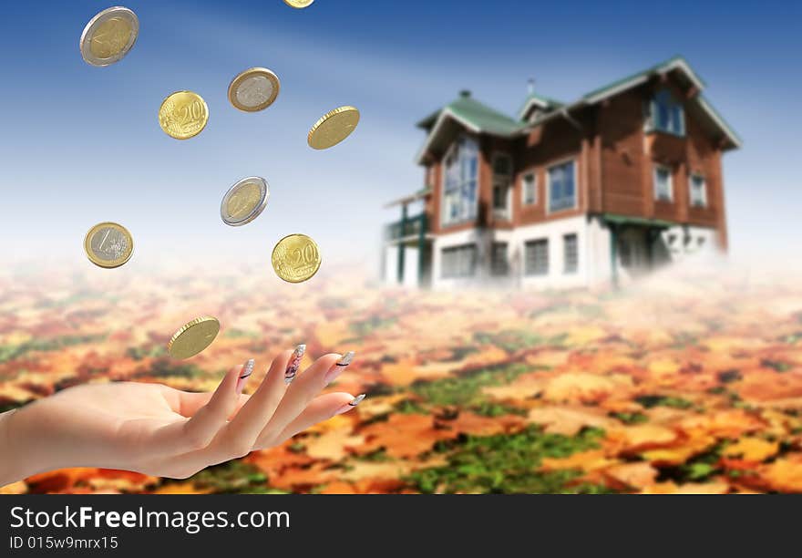 Woman's hands with coins. House on the background. Buying house concept. Woman's hands with coins. House on the background. Buying house concept.