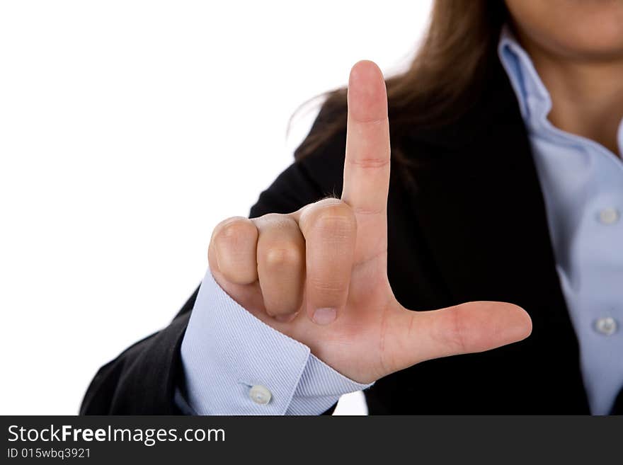 Businesswoman hand sign isolated on white background