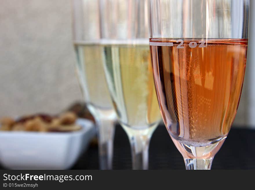 Champagne tasting; different kind of champagne lined up for tasting