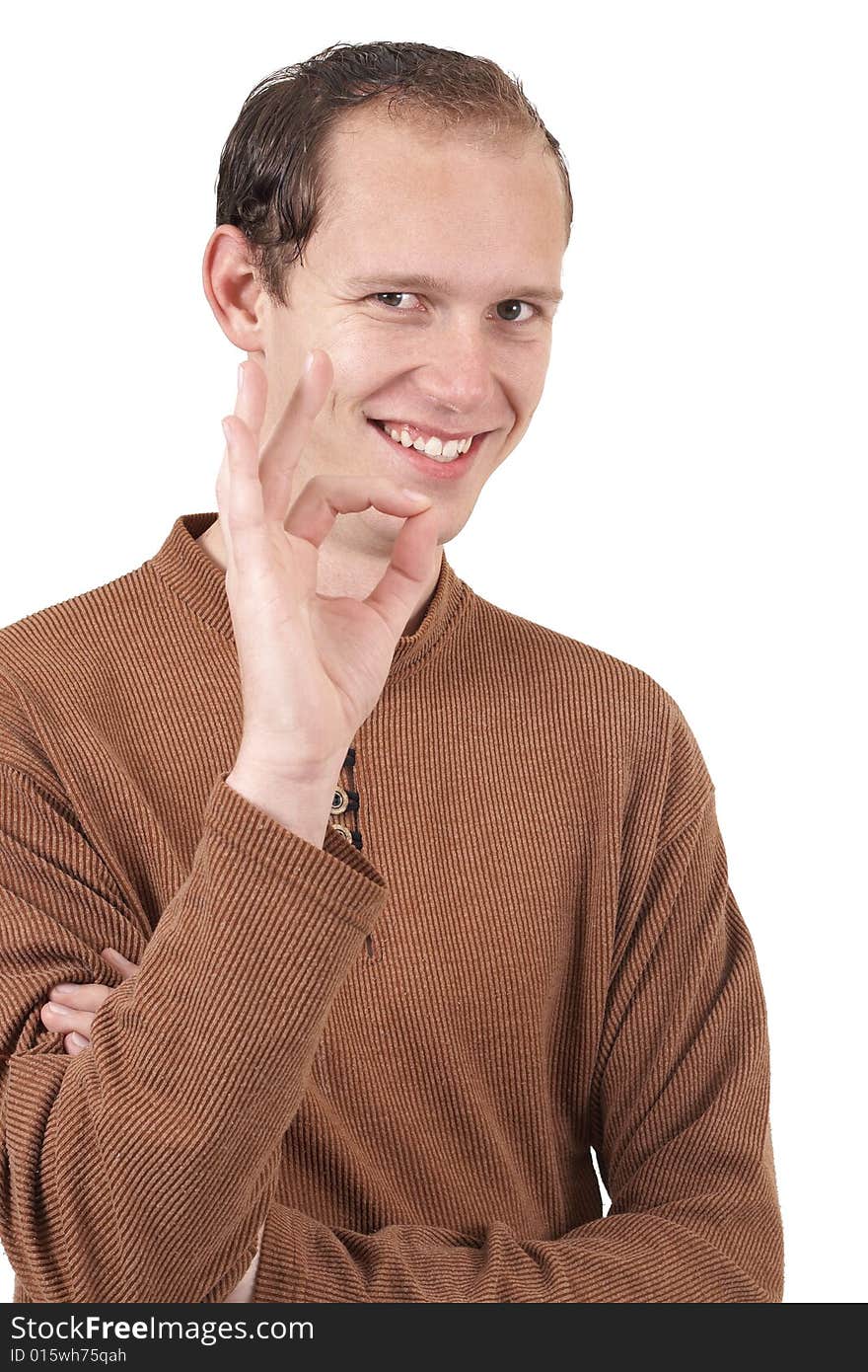 Young caucasian man wearing trendy clothes showing an ok sign with his hand. Isolated on white background