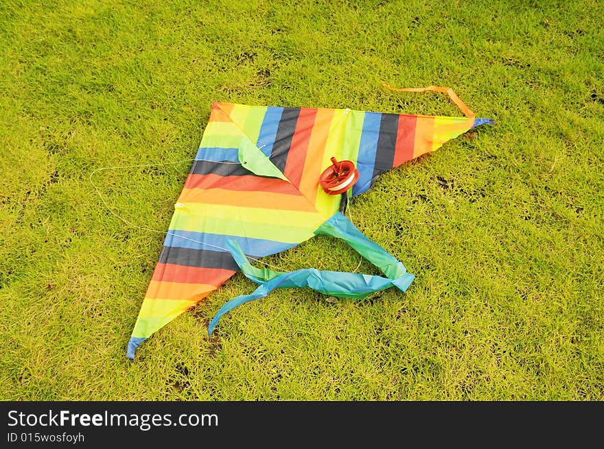 The colorful cloth kite on   meadow.