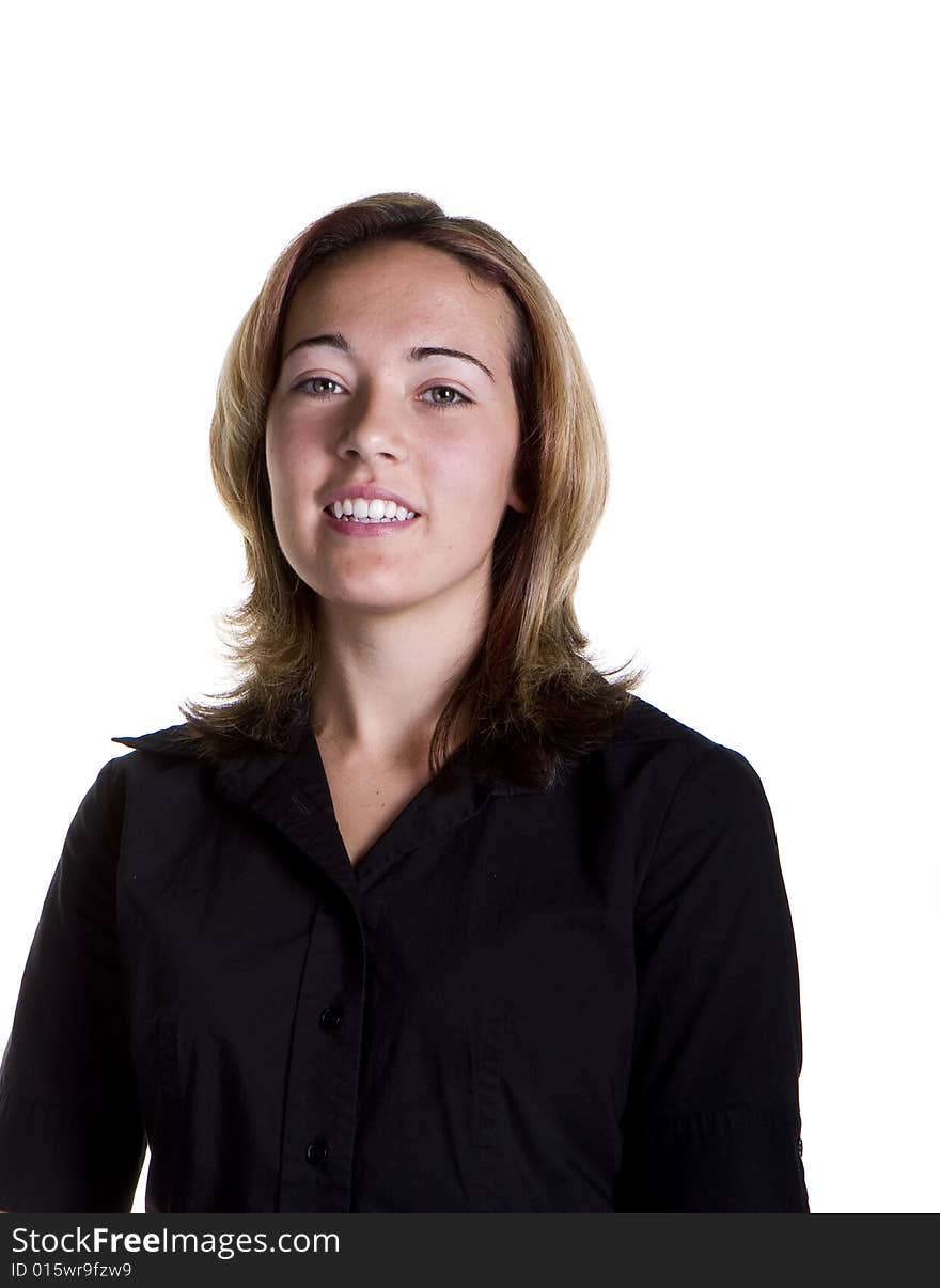 A blonde in a black shirt smiling for the camera. A blonde in a black shirt smiling for the camera