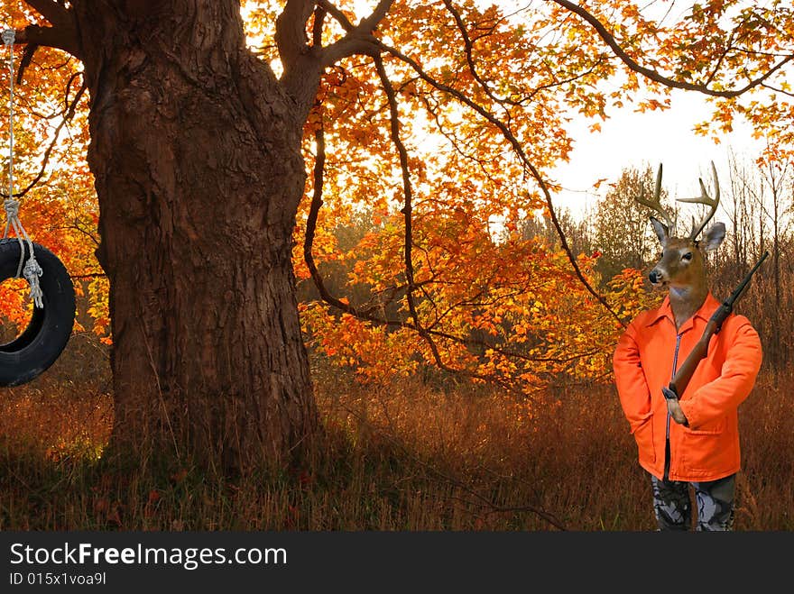 Deer dressed as a hunter in the autumn woods. Deer dressed as a hunter in the autumn woods.